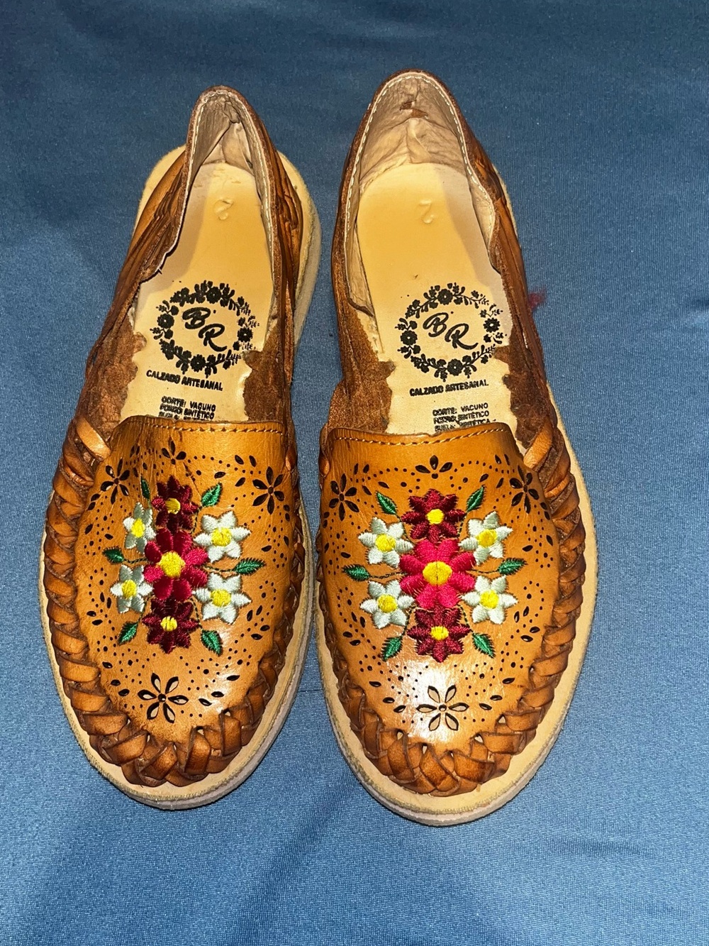 Tan Leather Kids Moccasins with Colorful Floral Embroidery